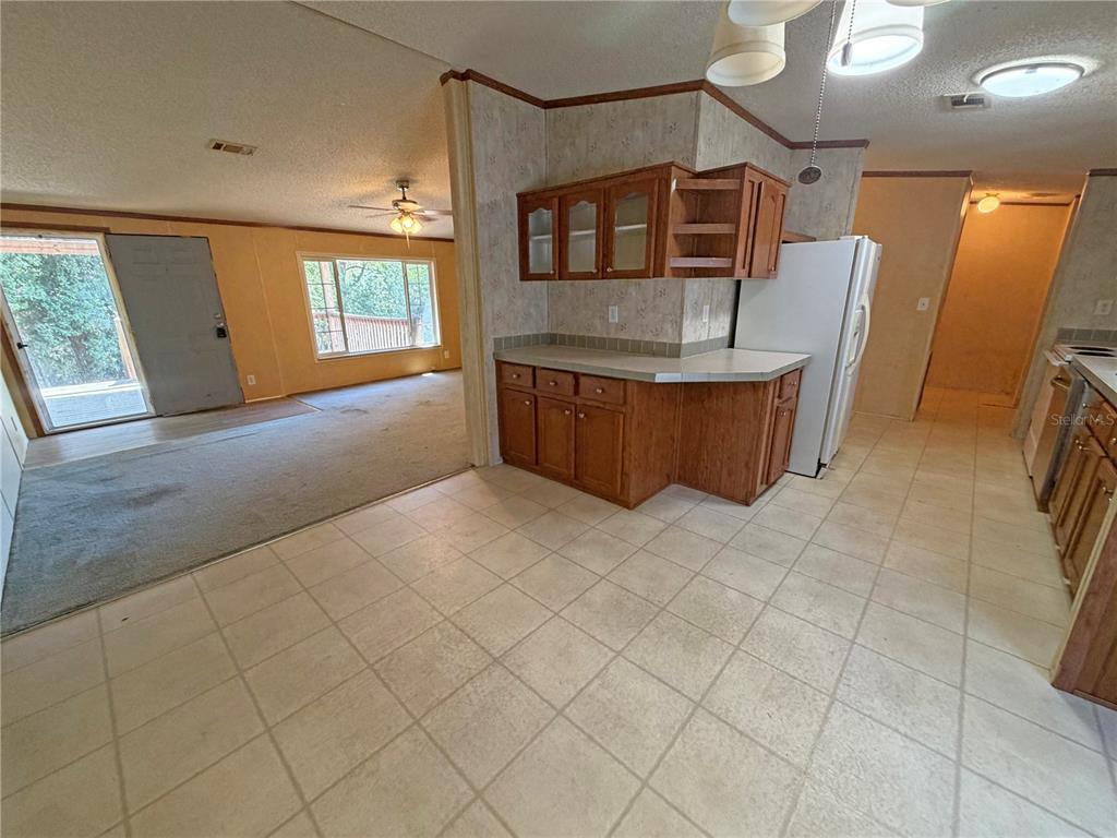 A kitchen with wood cabinets and tile flooring opens into a carpeted living area — 120 PEACH, HAWTHORNE, FL