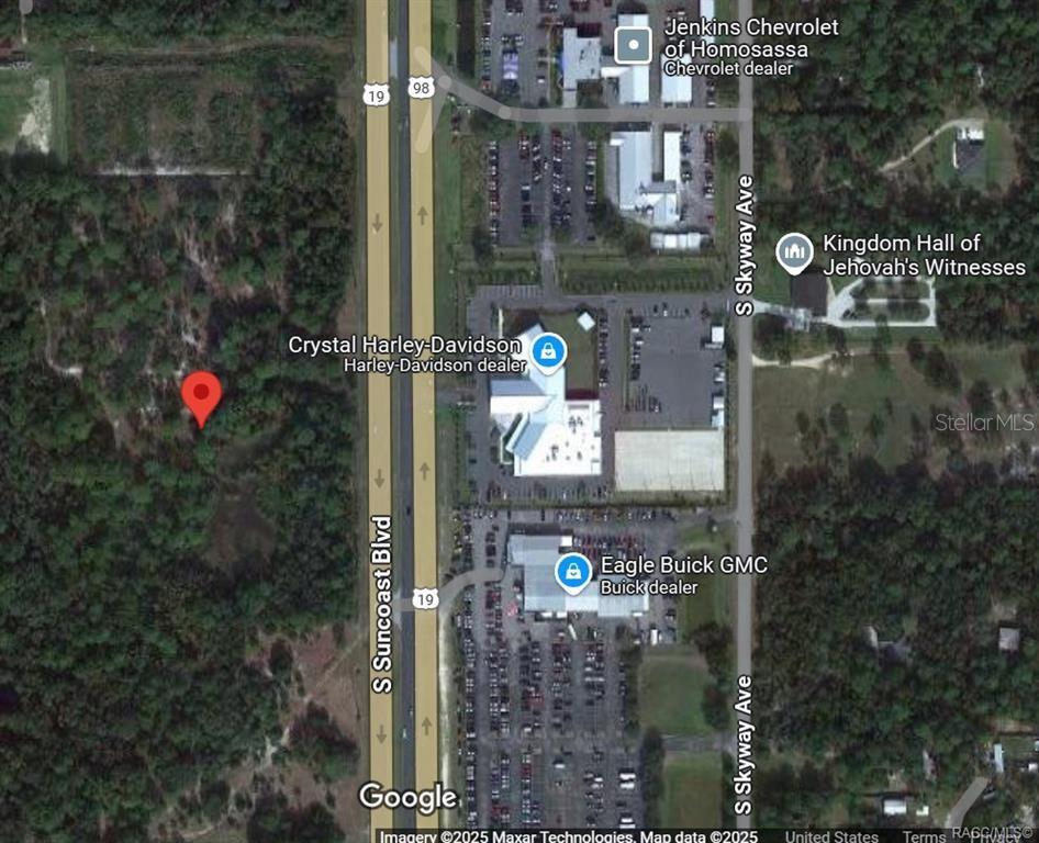 This is a satellite map view showing a red location pin near a highway — 1224 S SUNCOAST BOULEVARD, HOMOSASSA, FL