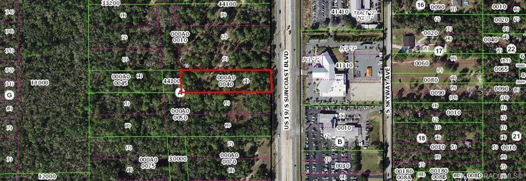 This is an aerial map showing a rectangular parcel of land highlighted in red — 1224 S SUNCOAST BOULEVARD, HOMOSASSA, FL
