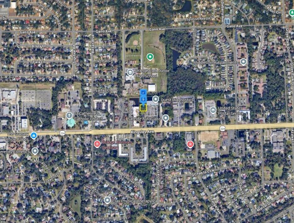 This is an aerial map view of a neighborhood in Orange Park, Florida — 1505 KINGSLEY AVENUE, ORANGE PARK, FL