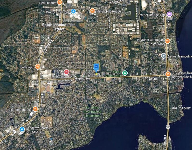 This is an aerial map view of a residential area in Orange Park, Florida — 1505 KINGSLEY AVENUE, ORANGE PARK, FL