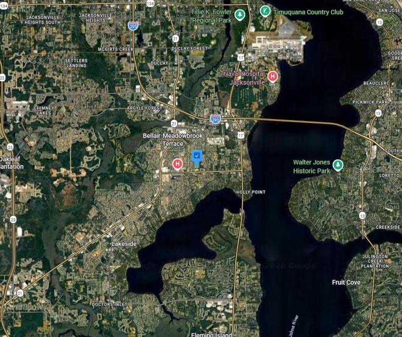 This is a satellite map view of the Bellair-Meadowbrook Terrace area in Jacksonville, Florida — 1505 KINGSLEY AVENUE, ORANGE PARK, FL
