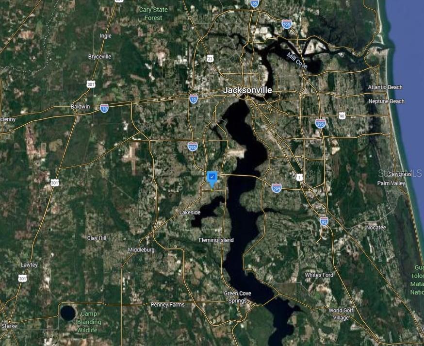 This is a satellite map showing the Jacksonville, Florida area with a location marker — 1505 KINGSLEY AVENUE, ORANGE PARK, FL