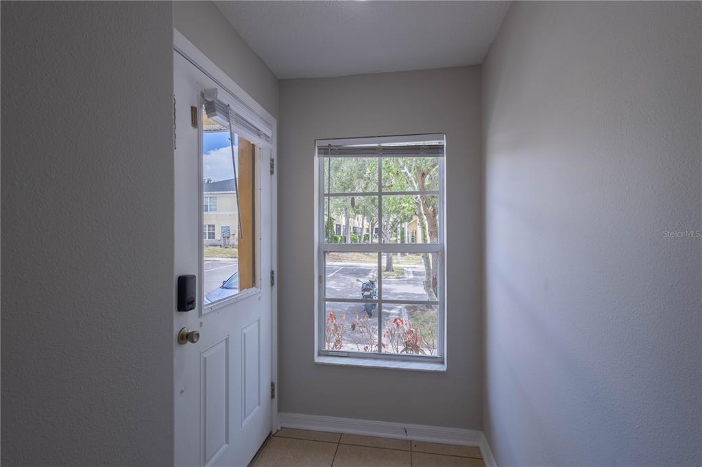An entryway features a white door with a window, a single window, and tiled flooring — 10956 BRICKSIDE COURT, RIVERVIEW, FL