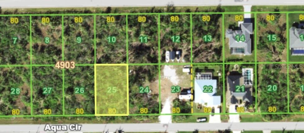 This is a map showing a highlighted vacant residential lot among other numbered parcels — 15929 AQUA CIRCLE, PORT CHARLOTTE, FL