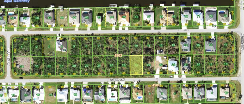 This is a map showing a residential neighborhood with vacant lots and houses — 15929 AQUA CIRCLE, PORT CHARLOTTE, FL