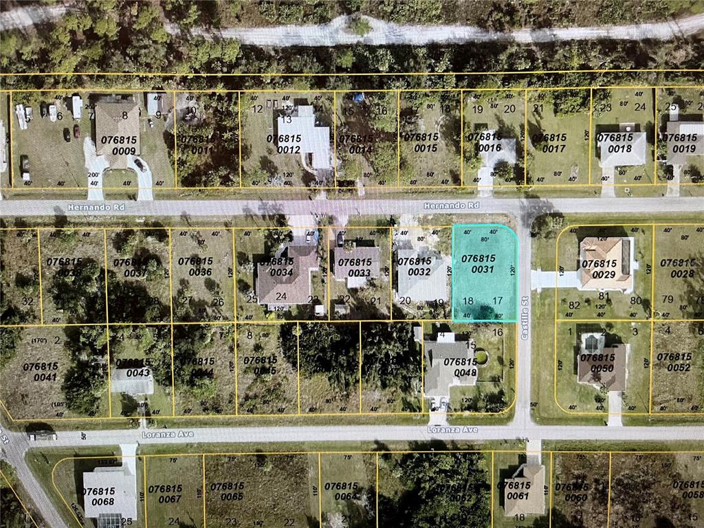 This is an aerial map showing residential property lot lines and parcel numbers — LOT 17&18 HERNANDO ROAD, NORTH PORT, FL