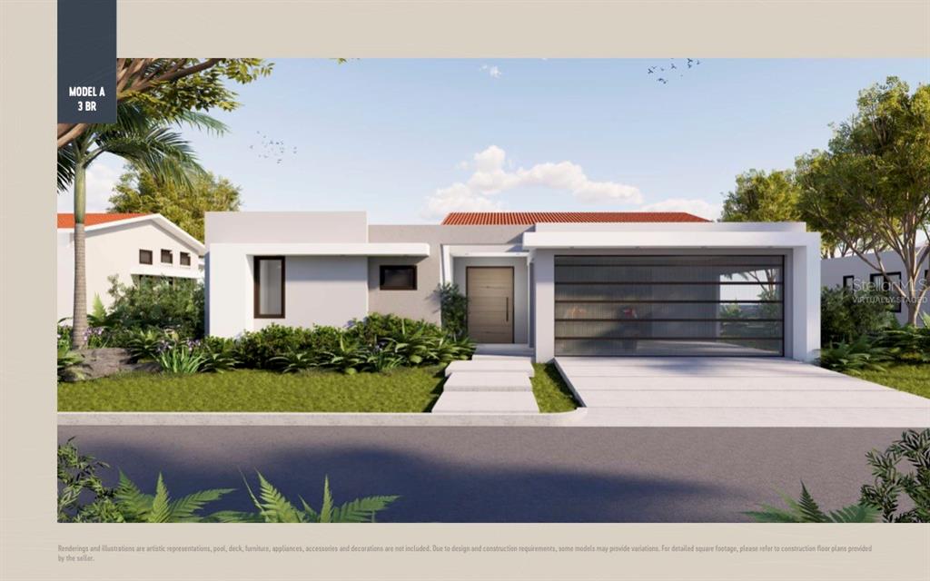 This is a digital rendering of the exterior of a modern one-story house with a garage — 4 THE VIEWS RESERVE UNIT 16, HUMACAO, PR