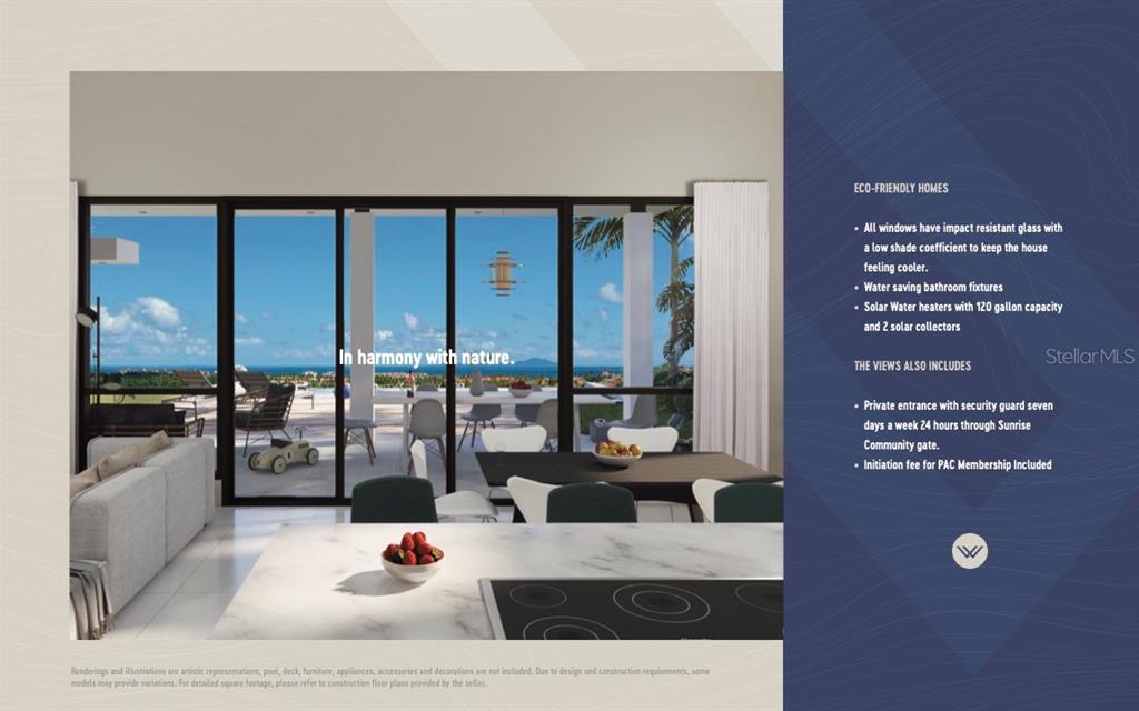 This rendering shows a modern open-concept living and dining area with large glass sliding doors — 4 THE VIEWS RESERVE UNIT 16, HUMACAO, PR