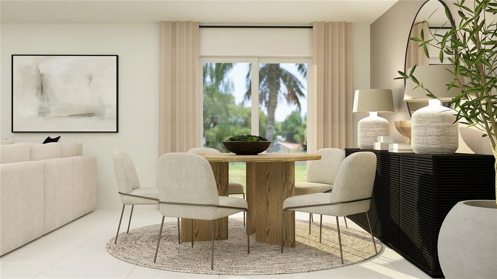 This rendering shows a dining area with a round wooden table, four chairs, and sideboard — 5988 YELLOW HORNBILL AVENUE, WIMAUMA, FL