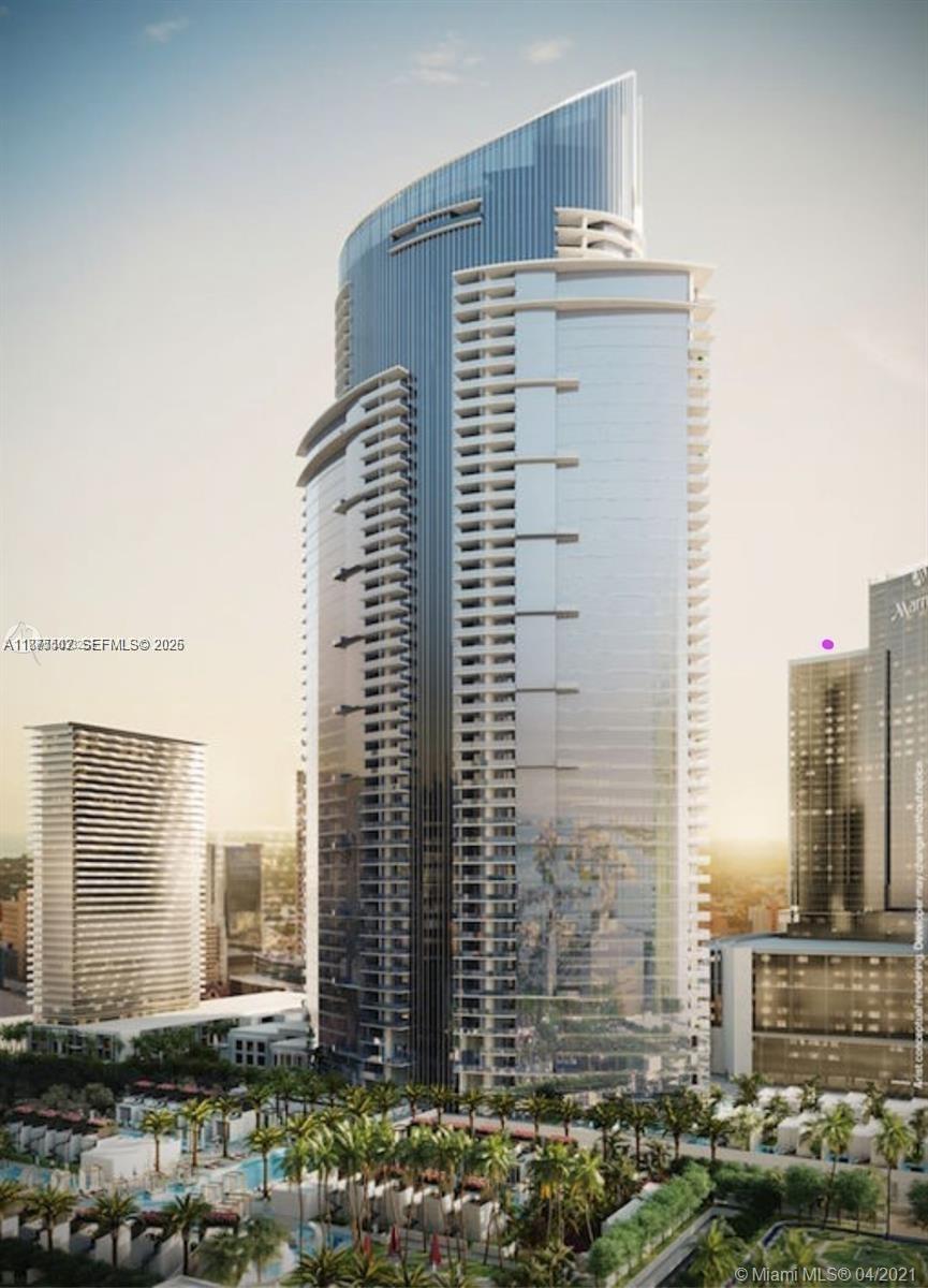 This is a digital architectural rendering of a modern high-rise glass skyscraper with surrounding landscaping — 851 NE 1st Ave # 1203, Miami FL 33132, MIAMI, FL