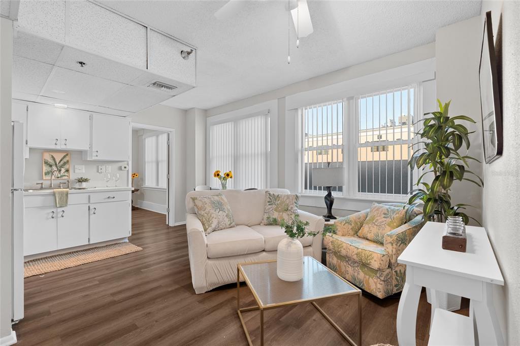 A living room with a kitchenette, white furniture, wood-look flooring, and large windows — 411 1ST AVENUE N UNIT 307, ST PETERSBURG, FL