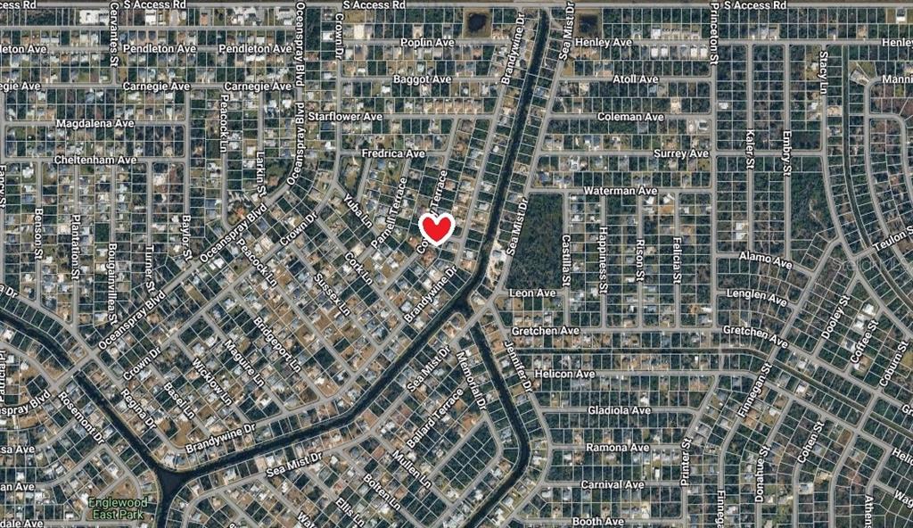 This is an aerial map view of a residential neighborhood with a red heart icon — 7140 COVENTRY TERRACE, ENGLEWOOD, FL