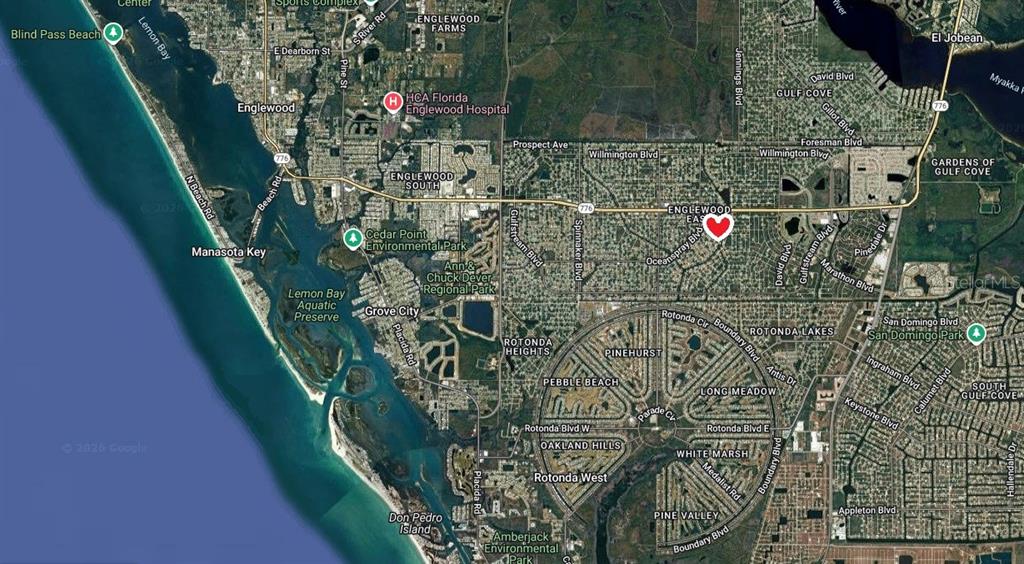 This is a satellite map showing the Englewood and Rotonda West areas of Florida — 7140 COVENTRY TERRACE, ENGLEWOOD, FL