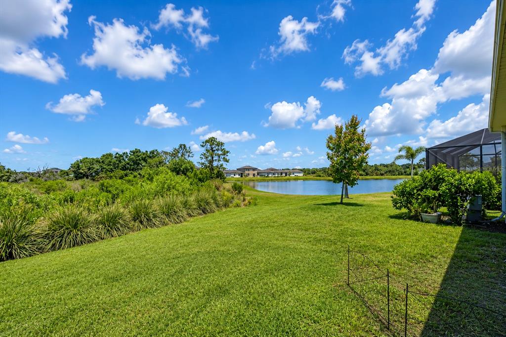 A grassy backyard overlooks a pond with distant houses under a bright blue sky — 10616 HIGH NOON TRAIL, PARRISH, FL