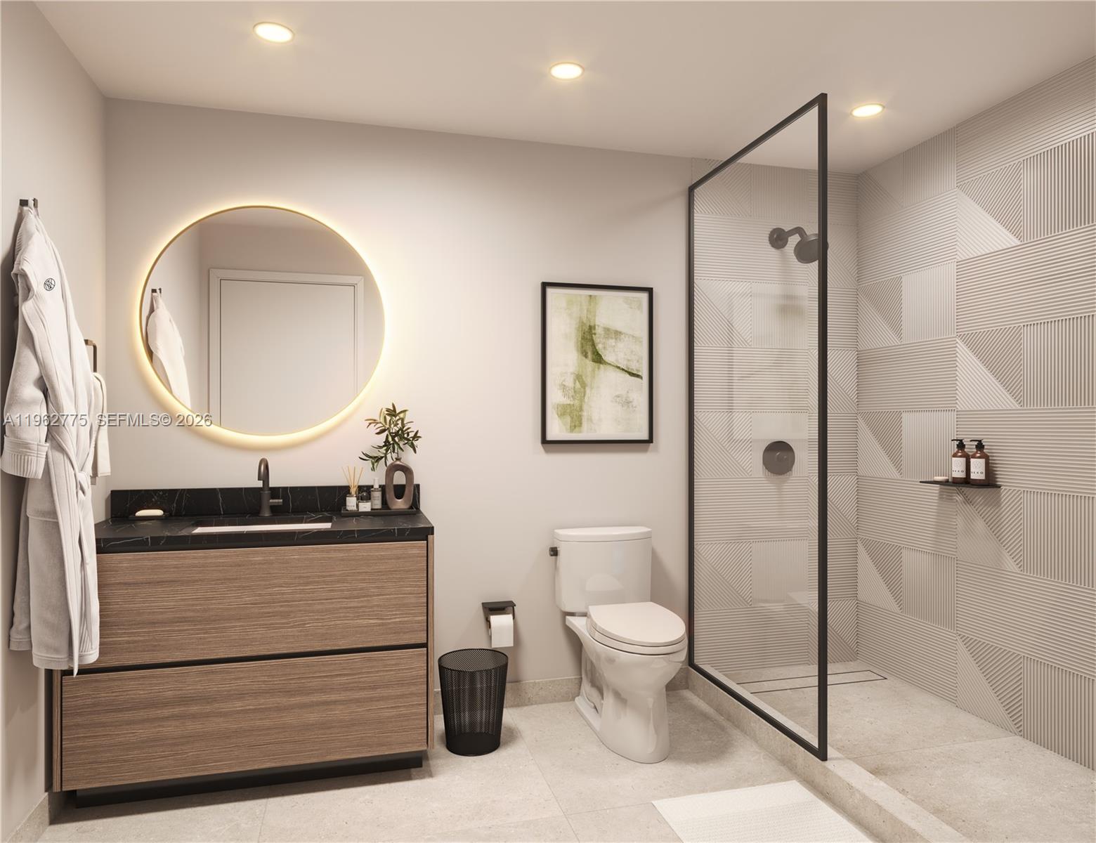 This rendering shows a modern bathroom with a wood vanity, round mirror, and glass shower — 13899 Biscayne Blvd # 1021, North Miami Beach FL 33181, NORTH MIAMI BEACH, FL