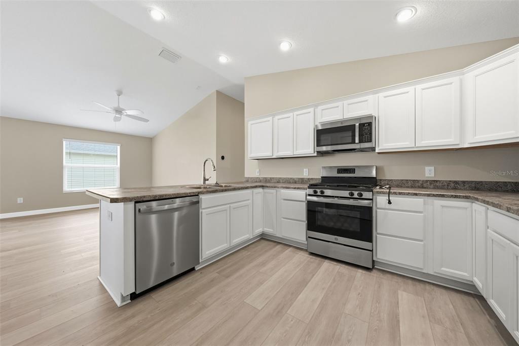 A kitchen with white cabinets, stainless steel appliances, and light wood-look flooring — 302 ZINGALE LANE, THE VILLAGES, FL