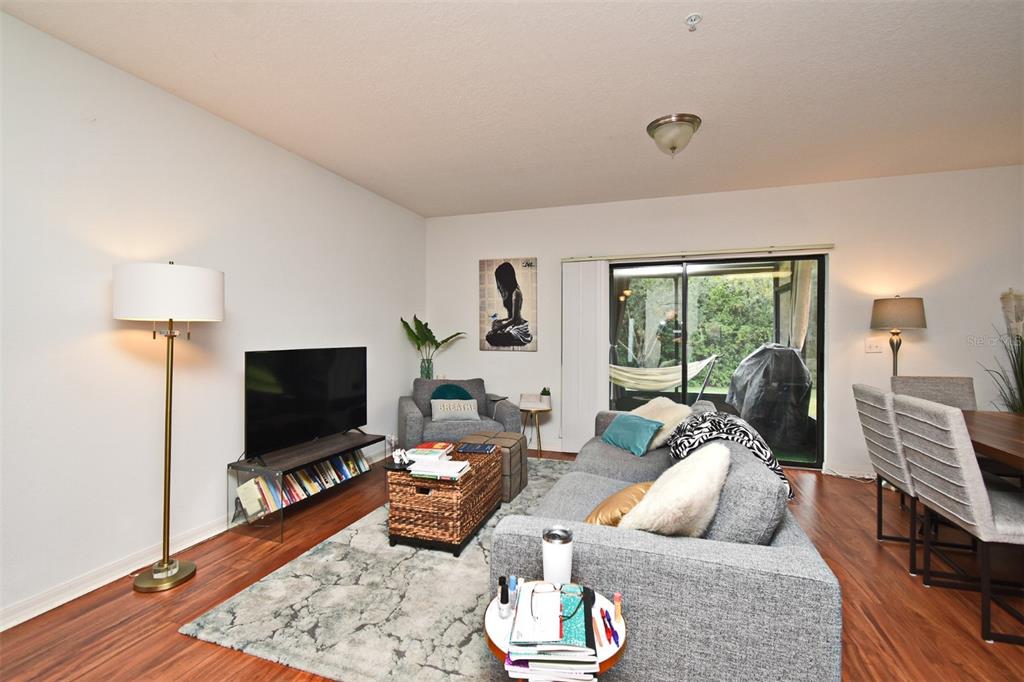 A living room features a gray sofa, a television on a stand, and a sliding door — 1524 DOWNY BIRCH LANE, LONGWOOD, FL