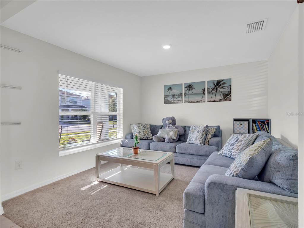 A living room features blue sectional sofas, a glass-top coffee table, and wall art — 16767 SUNBURST LAKE STREET, WIMAUMA, FL