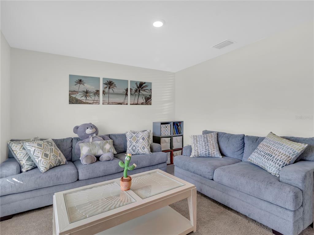 A living room features two blue sofas, a coffee table, and wall art — 16767 SUNBURST LAKE STREET, WIMAUMA, FL