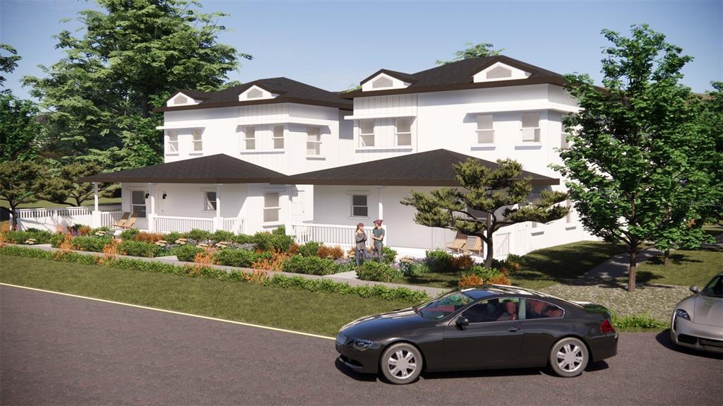 This is a digital rendering of a two-story duplex with white siding and front porches — 5148 1ST AVENUE S, ST PETERSBURG, FL