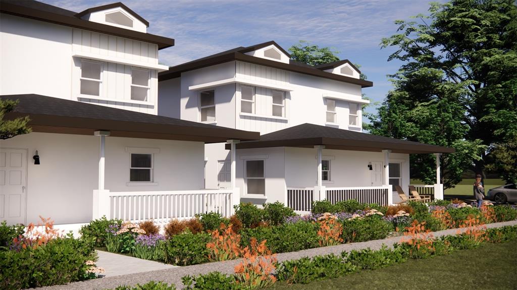 This is a rendering of two white two-story houses with front porches and landscaped gardens — 5148 1ST AVENUE S, ST PETERSBURG, FL