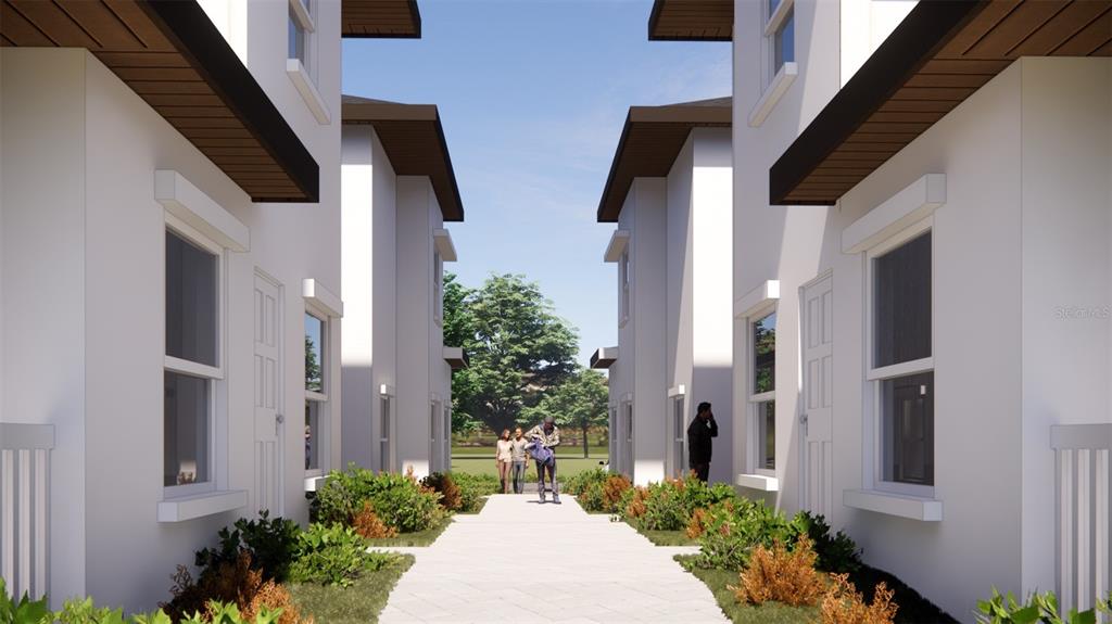 This architectural rendering shows a paved walkway between two modern white multi-story residential buildings — 5148 1ST AVENUE S, ST PETERSBURG, FL