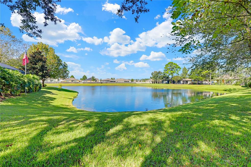 A grassy backyard slopes down to a small pond with houses visible in the distance — 3520 OGLEBAY DRIVE, GREEN COVE SPRINGS, FL