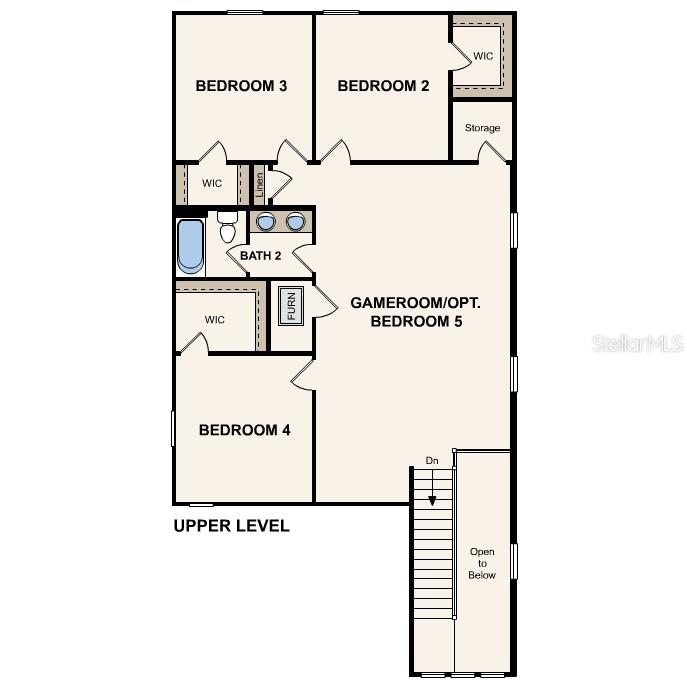 This floor plan shows the upper level of a house with four bedrooms and a gameroom — 1345 RIBBON PLACE, PALM COAST, FL