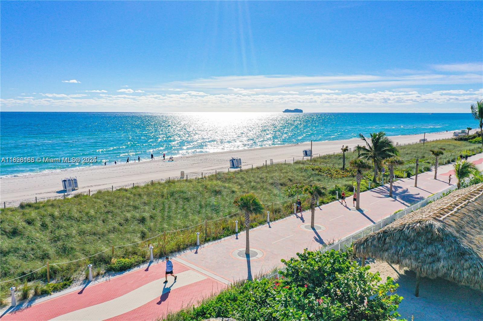 An aerial view shows a paved beach path with palm trees alongside a sandy beach — 5151 Collins Ave # 535, Miami Beach FL 33140, MIAMI BEACH, FL