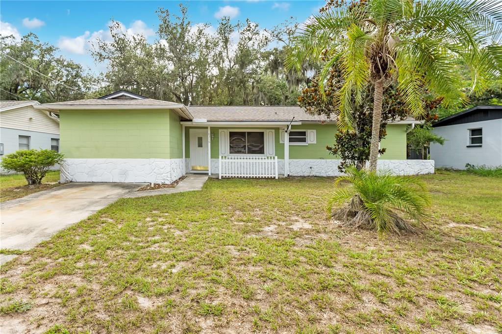 A single-story house with green siding, a white stone base, and a palm tree out front — 8316 TUPELO DR, TEMPLE TERRACE, FL