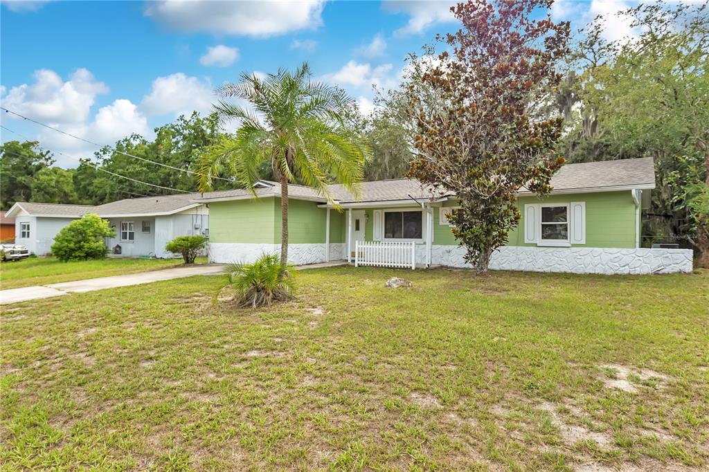 A single-story green house with a white stone base and a palm tree in front — 8316 TUPELO DR, TEMPLE TERRACE, FL