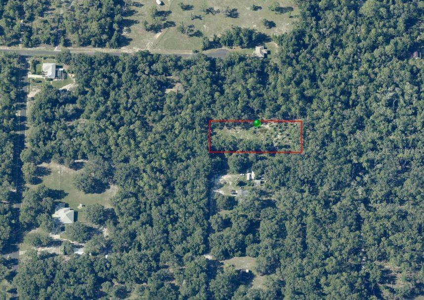 An aerial view shows a rectangular plot of land outlined in red amidst dense forest — 10228 N BURGUNDY POINT, DUNNELLON, FL