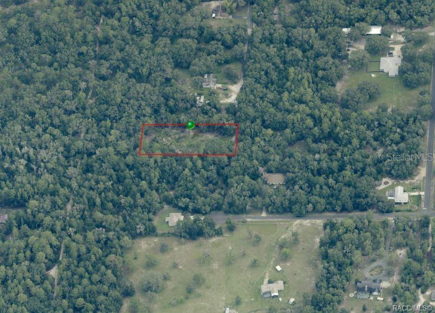 An aerial view shows a rectangular plot of land outlined in red amidst dense trees — 10228 N BURGUNDY POINT, DUNNELLON, FL