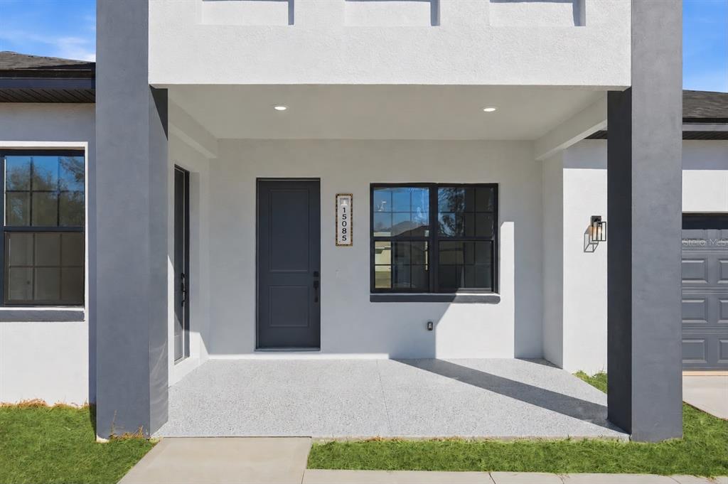 The front entrance of a modern house features a gray door, window, and concrete porch — 15085 SW 50TH AVENUE ROAD, OCALA, FL