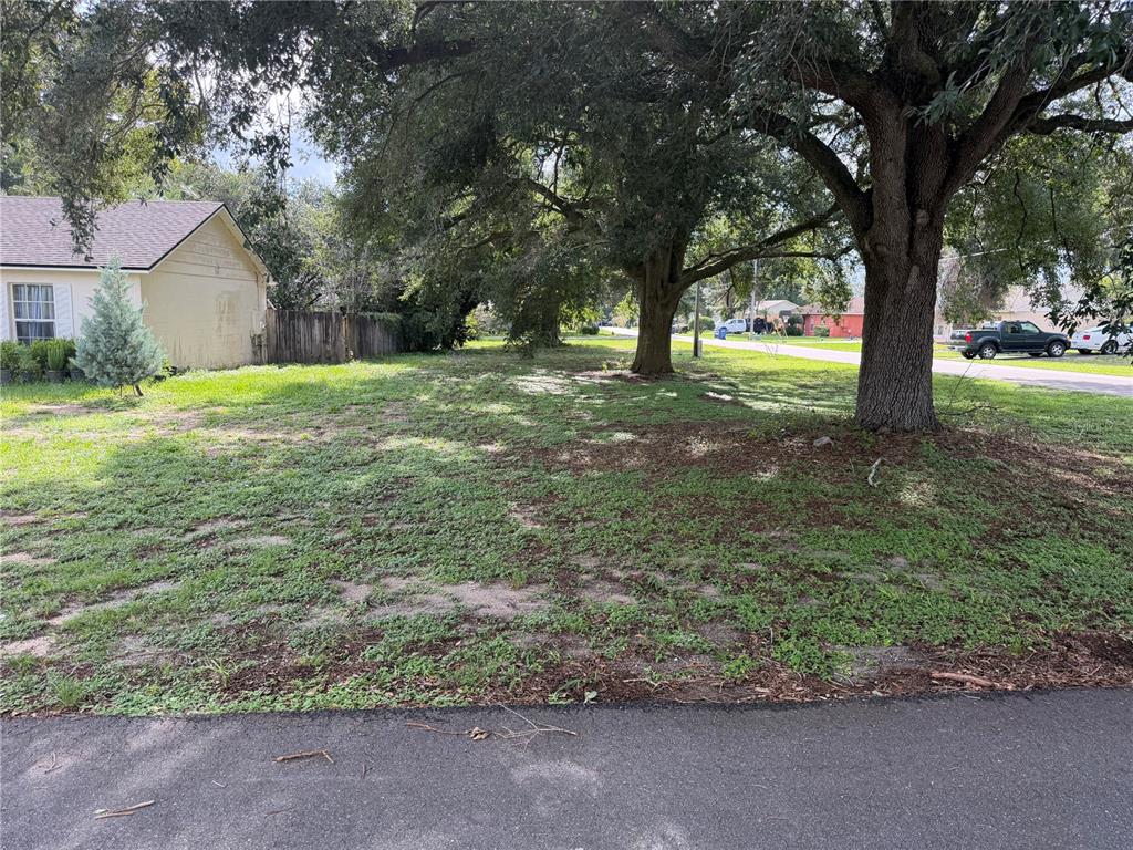 A grassy, tree-shaded vacant lot sits next to a house with a tan exterior — 10 BERRY DRIVE, MASCOTTE, FL