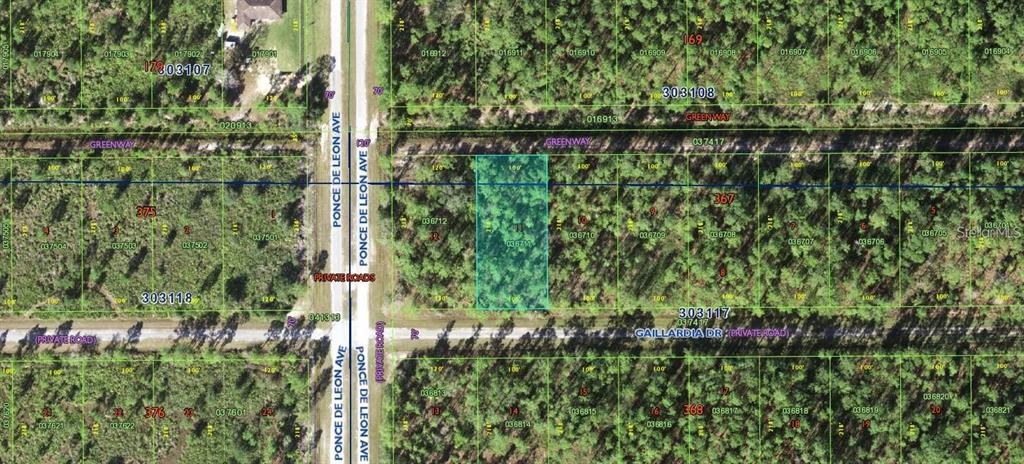This is an aerial map showing a highlighted rectangular plot of land in a wooded area — 0 GAILLARDIA DRIVE, INDIAN LAKE ESTATES, FL