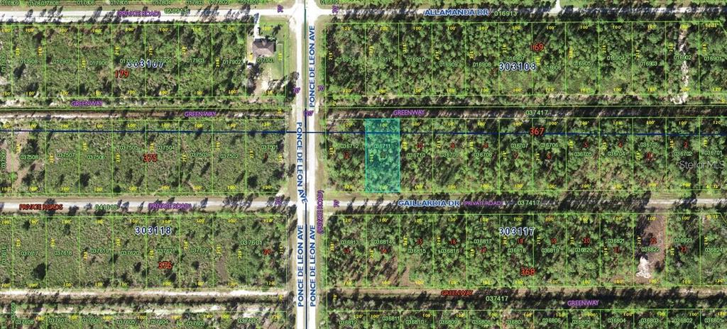 This is a satellite map view showing a rectangular parcel of land highlighted in blue — 0 GAILLARDIA DRIVE, INDIAN LAKE ESTATES, FL
