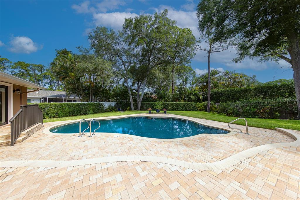 A backyard features a kidney-shaped swimming pool surrounded by a light-colored paver patio and lawn — 2943 WHISPER LANE N, CLEARWATER, FL