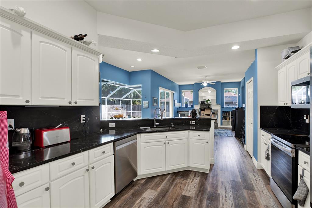A kitchen features white cabinets, black countertops, and blue walls with wood-look flooring — 3165 PRIDES CROSSING, TARPON SPRINGS, FL