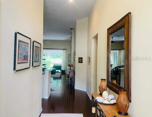 A hallway with dark wood floors leads toward a living area with a large mirror — 7711 WHITEBRIDGE GLEN, UNIVERSITY PARK, FL
