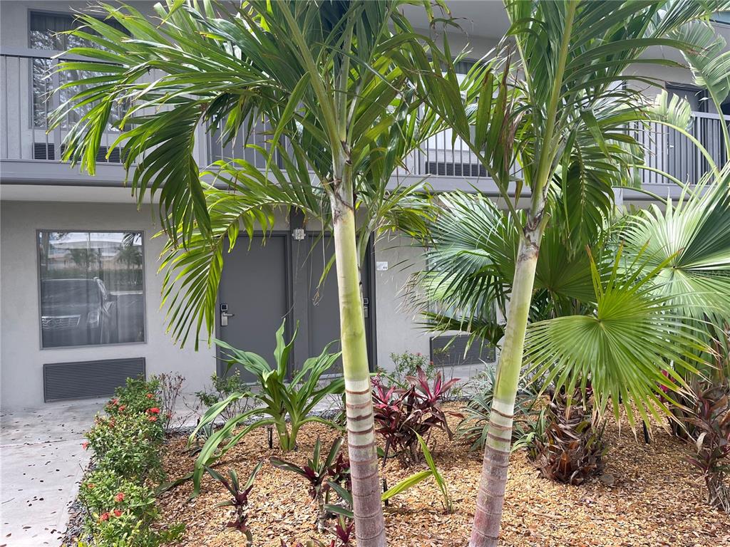 The exterior of a two-story building features palm trees and landscaping in front of gray doors — 7150 N TAMIAMI TRAIL UNIT S512, SARASOTA, FL
