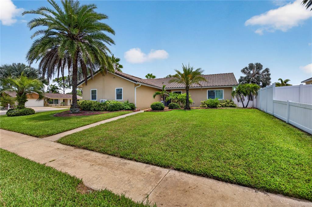 A single-story house with a tan exterior, tile roof, and palm trees in the front yard — 4831 BLUE JAY CIRCLE, PALM HARBOR, FL