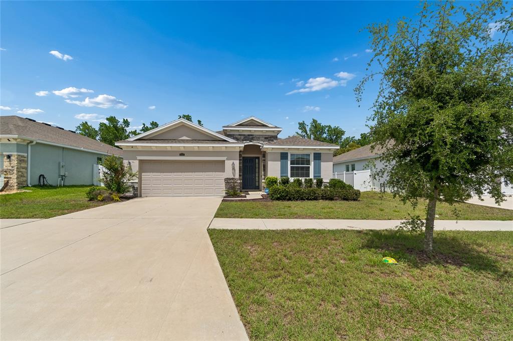 A single-story suburban house features a concrete driveway, a two-car garage, and a front lawn — 35977 MORSE WILLOW COURT, ZEPHYRHILLS, FL