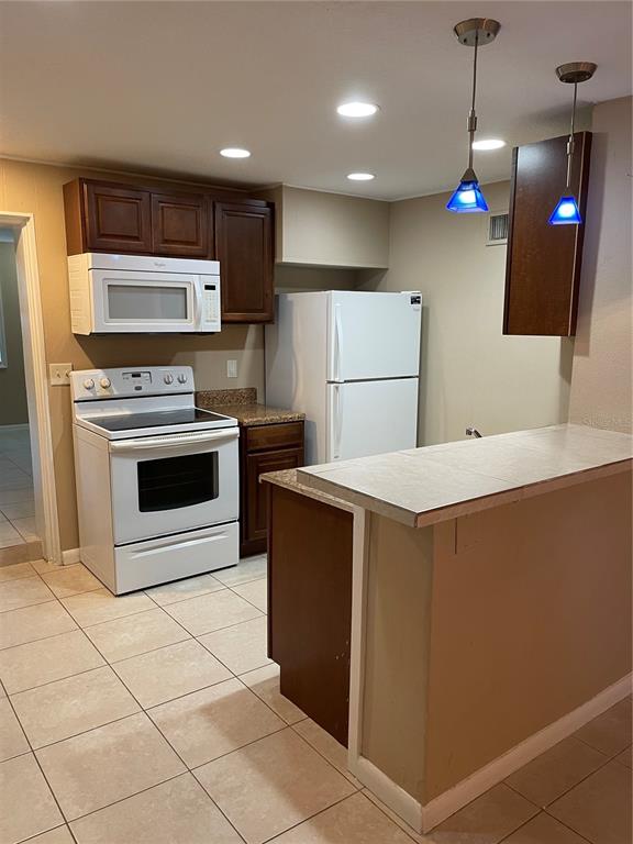 A kitchen features dark wood cabinets, granite countertops, a white dishwasher, and two pendant lights — 206 OSCEOLA AVENUE, EUSTIS, FL