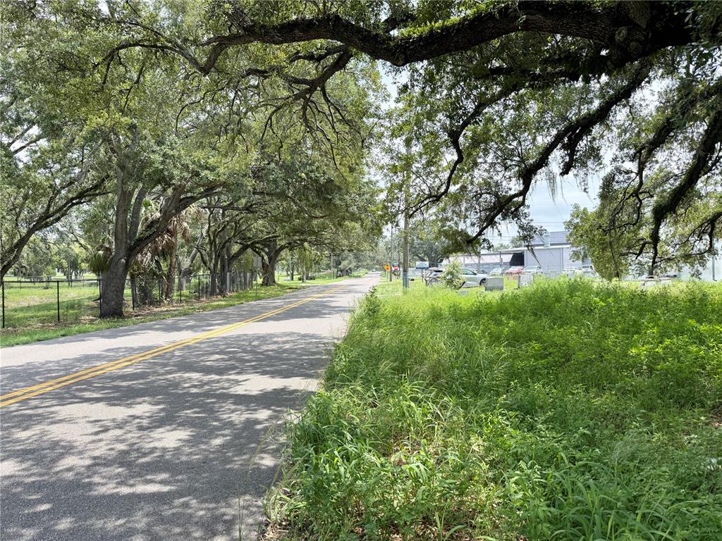 A paved road lined with large oak trees leads toward a distant industrial building — 4621 E LAKE AVE, TAMPA, FL