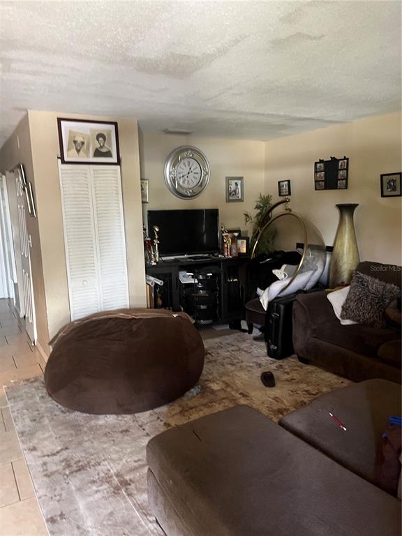A living room features a large brown beanbag chair, a sofa, and a television console — 3104 E CHELSEA STREET, TAMPA, FL