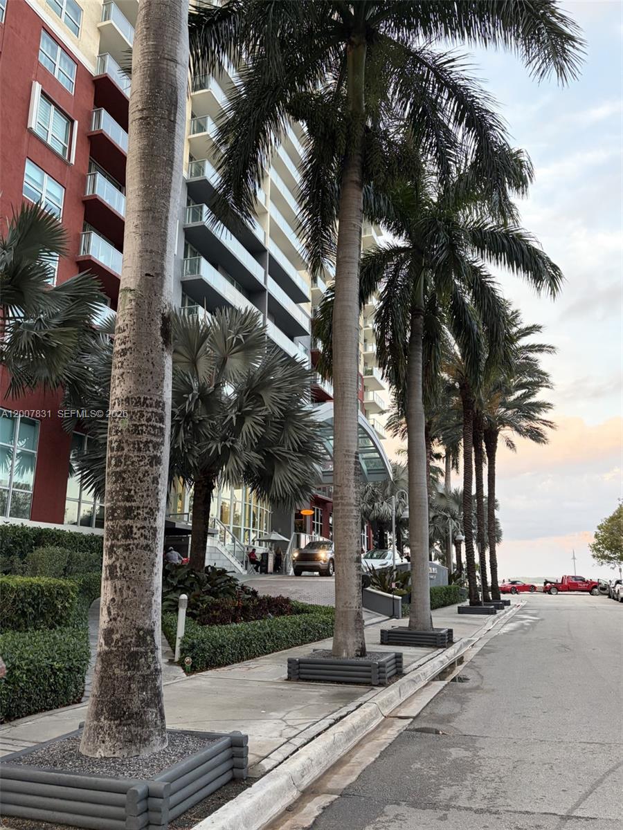 A street-level view shows a tall residential building with palm trees lining the sidewalk — 1155 Brickell Bay Dr # 1201, Miami FL 33131, MIAMI, FL