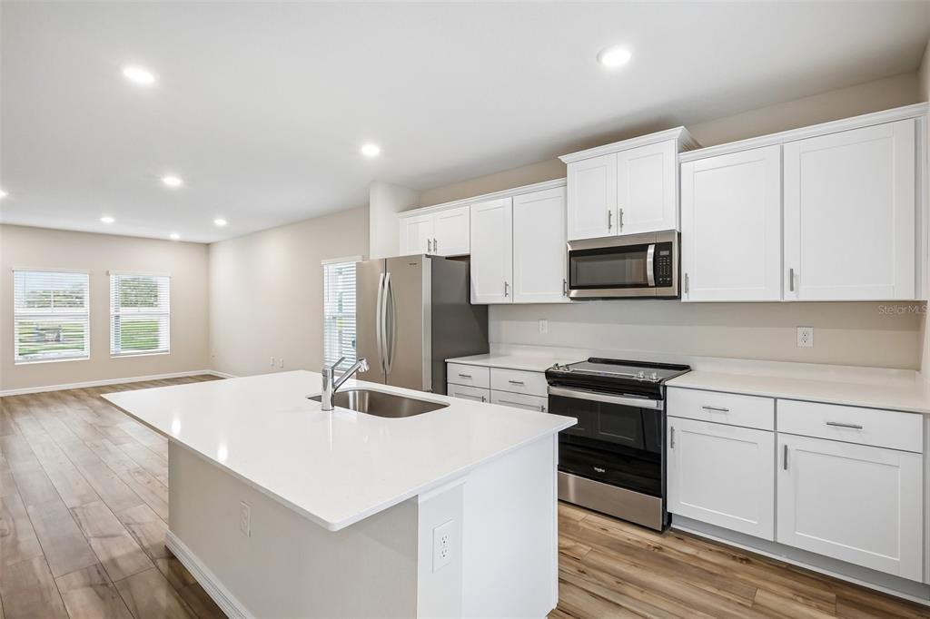 A kitchen features white cabinets, stainless steel appliances, a center island, and wood-look flooring — 9176 BENT BRANCH, DADE CITY, FL