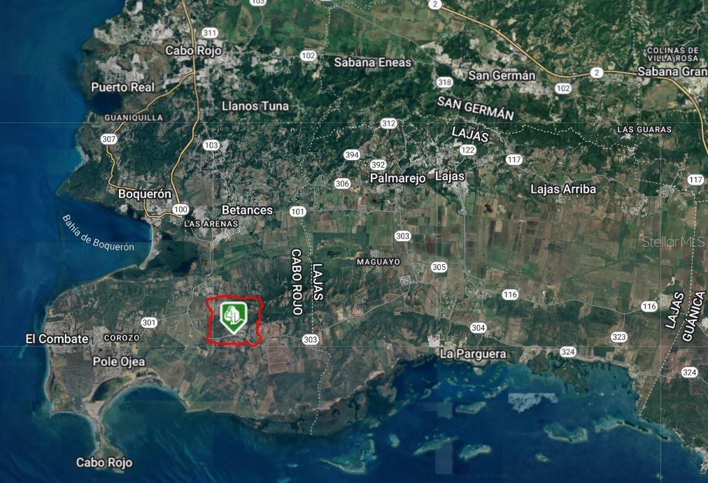 This is a satellite map showing the location of a property in Cabo Rojo, Puerto Rico — Km 12.1 PR 303, CABO ROJO, PR